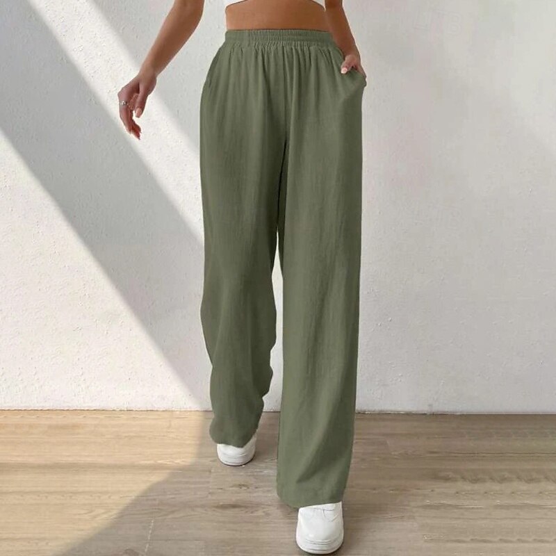 Women's Cotton Linen Pants Slacks Streetwear Casual Full Length Natural Plain Pocket Elastic Waist Comfy Comfortable Casual Daily Weekend Apricot Light Sky Blue Black Army Green Summer Regular Fit 2025 - €32.99 –P11