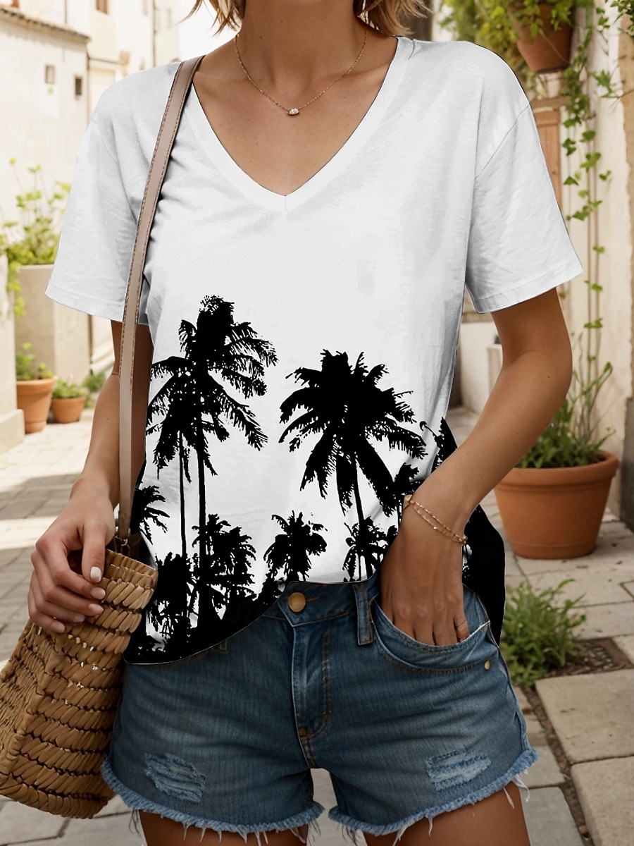 Femmes T-shirt Graphique Plantes ancien Élégant Classique Manche Courte Col en V Hauts Réguliers Quotidien Sortir Week-end Imprimé Noir Blanche Été Printemps de 2025 ? $19.99 –P1