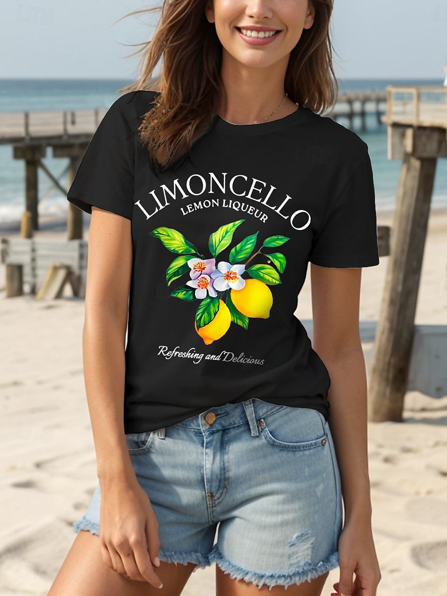 Dame T skjorte Bomullsskjorte Blomstret Grafisk Bokstaver Årgang Stilfull Fritid Kortermet Crew-hals Rund hals Vanlige topper Daglig Trykt mønster Svart Hvit Grå Sommer Vår 2025 - $19.99 –P5
