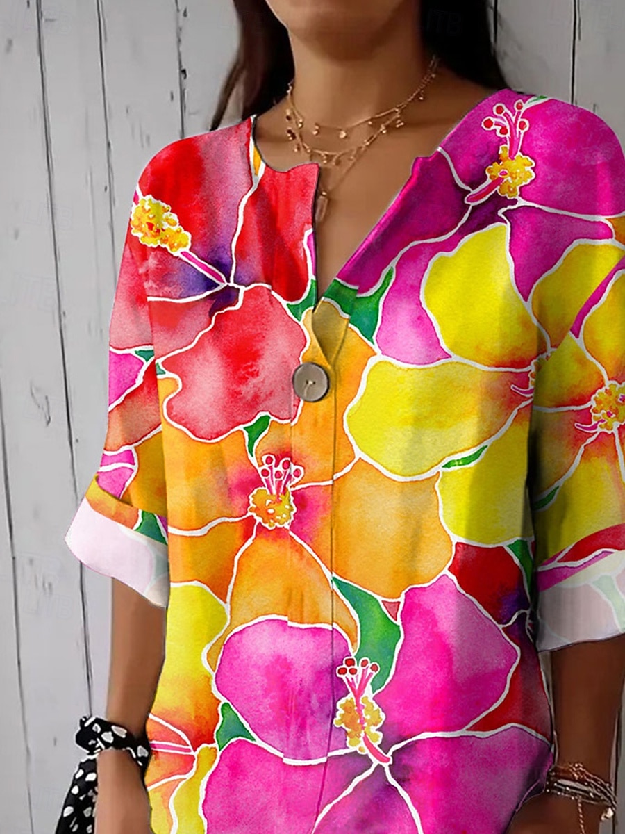 Camicia da donna maniche lunghe scollo a V grafica floreale vintage tropicale hawaiana maniche 3/4 lunghezza collo regolare abbigliamento da spiaggia quotidiano stampa fucsia estate primavera del 2025 a $29.99 –P3