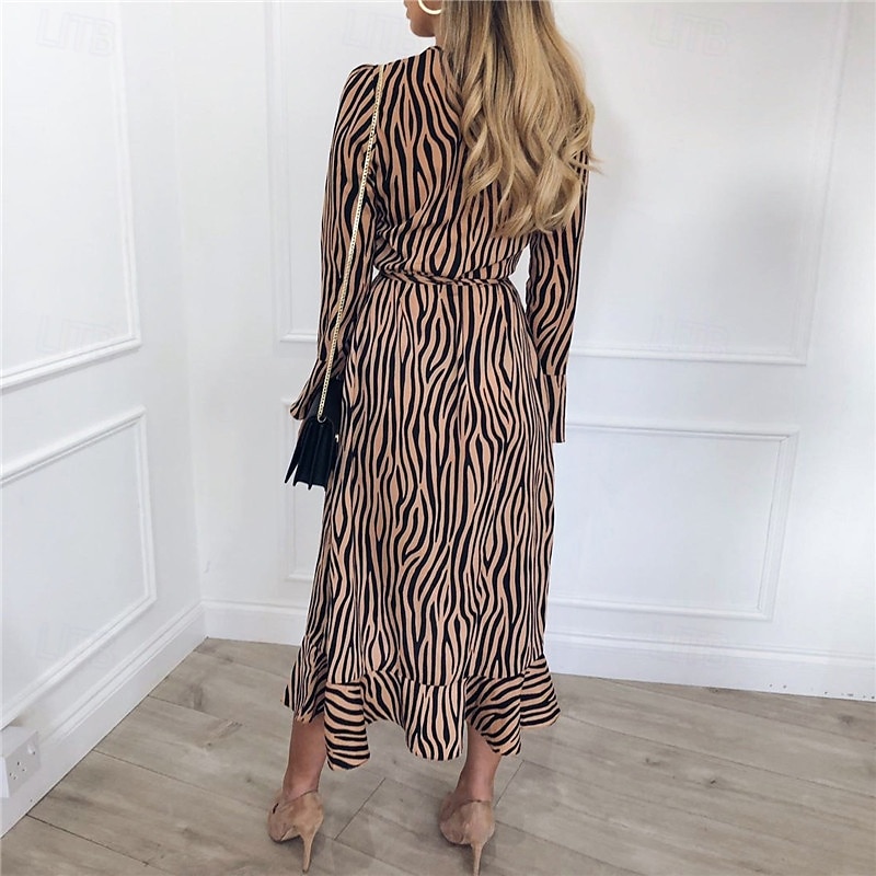 Dámské Midi šaty Bavlněné plátěné šaty Klasické Moderní Venkovní Dovolená Jdeme ven Běžný Leopard Dlouhý rukáv Do V Bílá Khaki Šedá Léto 2025 - $28.99 –P6