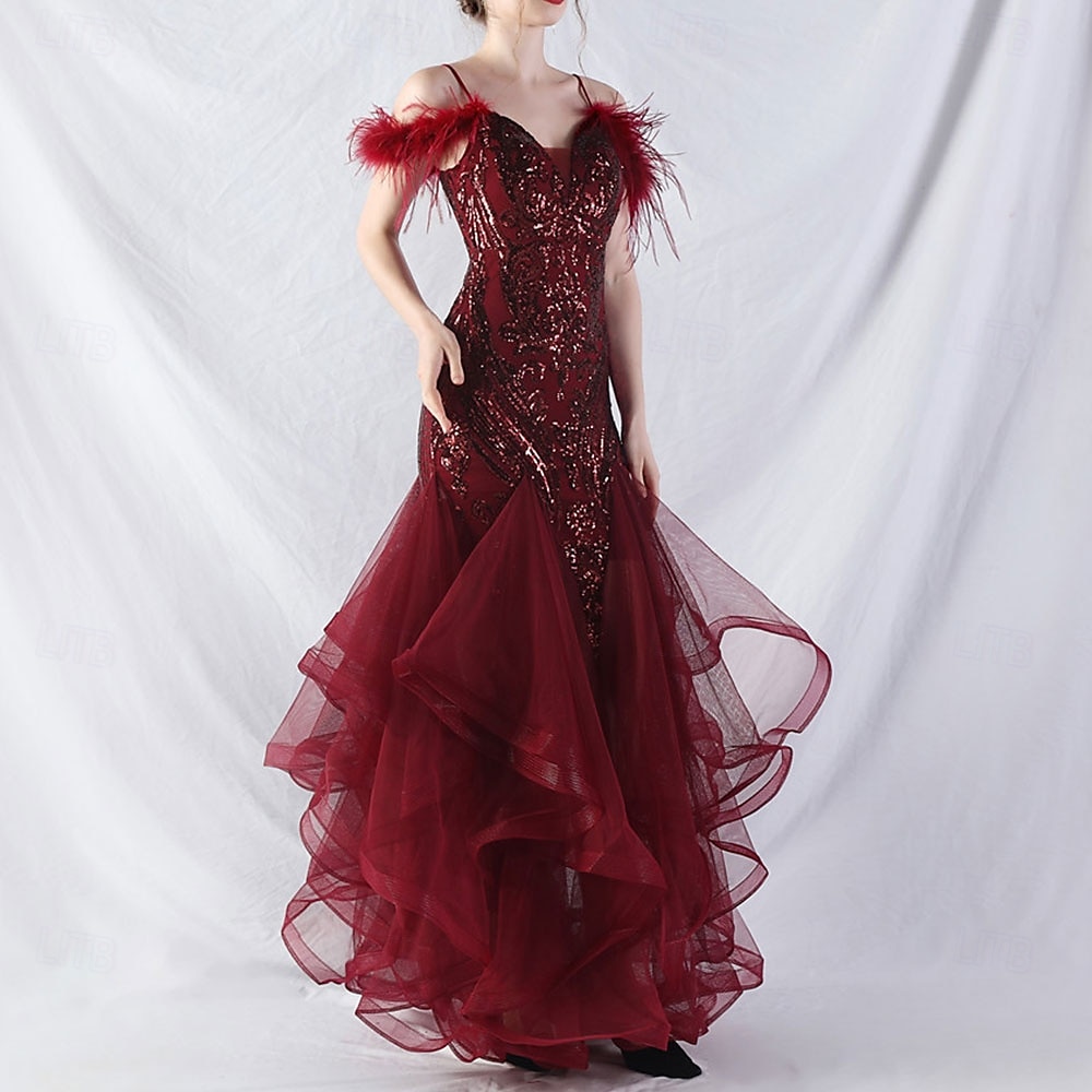 Abiti Quinceanera Mermaidi  Trumpet in Paillettes Elegante Abito Formale Semi Formale Matrimonio Lunghezza P_avimento Senza Maniche Scollo a V Tulle Volant con Piume del 2025 a $139.99 –P3
