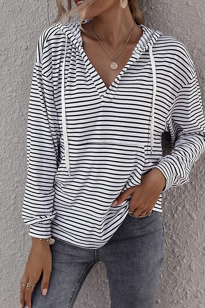 Dames Blouse Gestreept Casual Lange mouw Capuchon Normale tops Dagelijks Uitgaan Zak Wit Bruin Zomer 2025 - $19.49 –P1