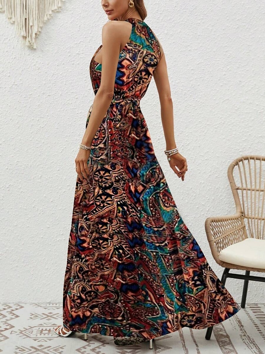 Dam Maxiklänning A linjeklänning Off Shoulder Klänning Semester Ledigt Boho Utomhus Utekväll Normal Grafisk Paisley Ärmlös Halterneck Blå Purpur Brun Aprikos Sommar 2025 - $29.99 –P4