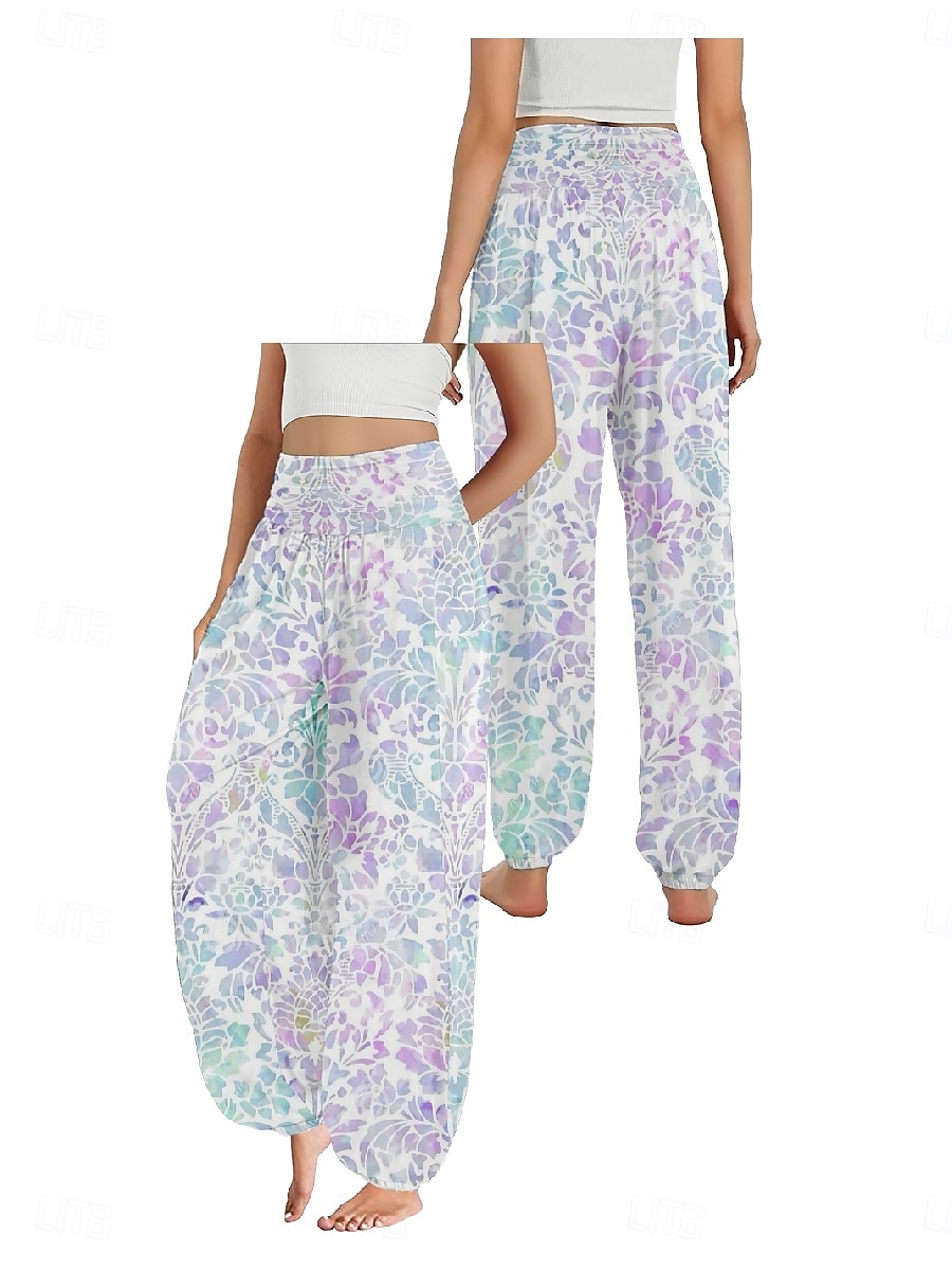 Dam Linneinspirerade byxor Brett skaft Byxor Etnisk Stil Ledigt Boho Fullängd Hög midja Blommig Ficka Elastisk midja Tryck Mateial som andas Mjuk Microelastisk Utomhus Yoga Rosa Kungsblå Blå Purpur 2025 - $20.99 –P15