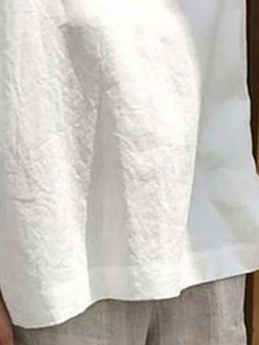 Kvinnes Bomull Lin Bluse Enfarge Grunnleggende Uformell 3/4 Lengde Sleeve Høy Hals Vanlige Topper Daglig Patchwork Hule Ut Blå Sommer 2025 - $25.99 –P3