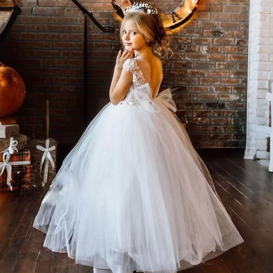 first communion dresses princess Bridal Quality Lace Sleeves Luxury Princess Ball Gown First Communion Flower Girl Dress 21057 Pre-order 11 years / Cappuccino