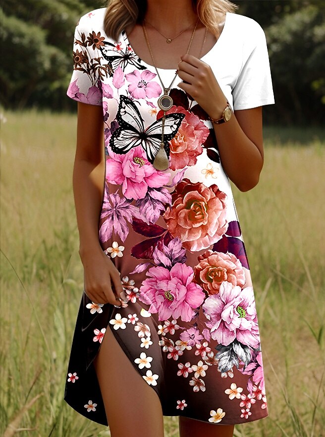 Жен. Мини-платье Повседневное платье Платье-футболка Сарафан Платье A-силуэта Стиль На каждый день Пляж Стандартный Омбре Цветочный принт Графика С короткими рукавами Вырез под горло 2025 - $23.99 –P4