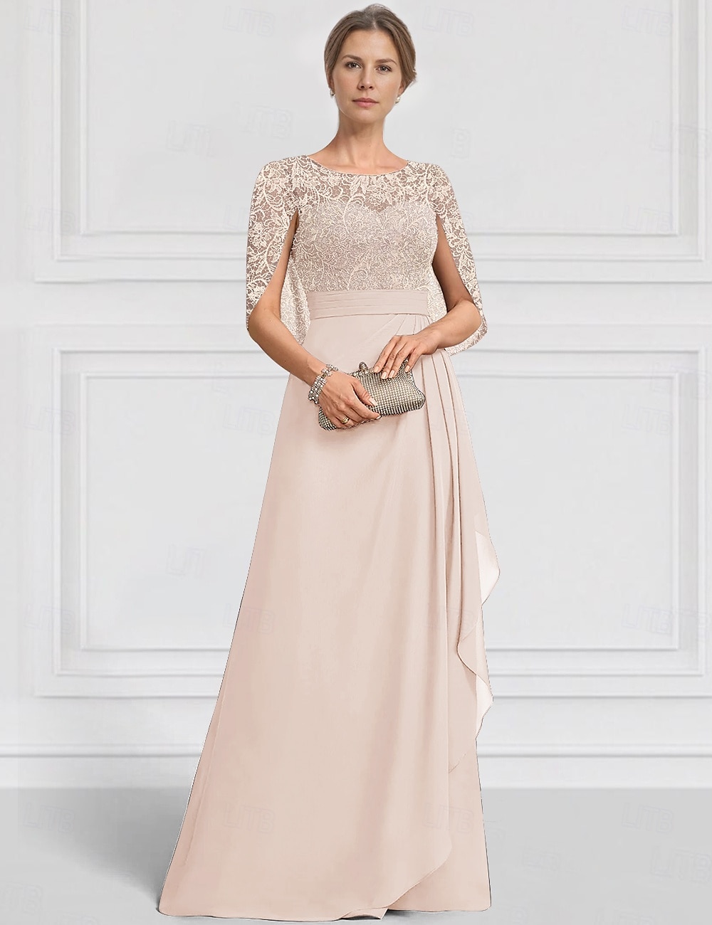 Abito per la Madre della Sposa A-Line Blu Verde Elegante Collo a Giro Lunghezza Piena Chiffon Maniche Corte Giacca con Ricamo in Pizzo del 2025 a $148.99 –P6