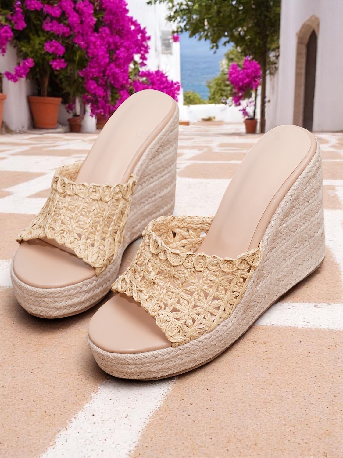 női bézs szőtt ékszandál – kézműves raffia felsőrész, espadrille platform kialakítás nyári tengerparti nyaraláshoz és üdülőhelyi viselethez 2025 - $42.99 –P3