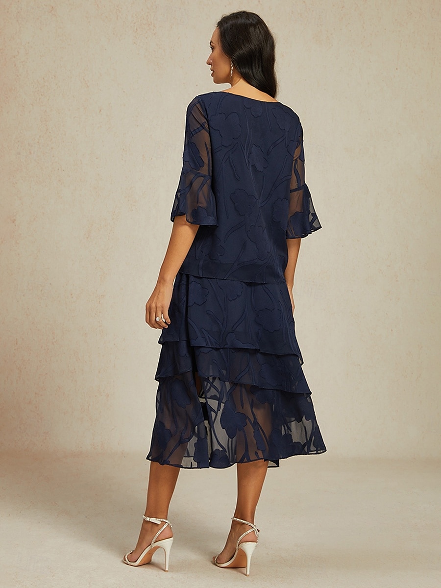 Women's Lace Shirt Blouse Dressy Tops Chiffon Tops Solid Color Elegant Stylish Basic 3/4 Length Sleeve Bell Sleeve Boat Neck Regular Tops Wedding Guest Work Daily Asymmetric Hem Navy Blue Summer 2025 - $59.99 –P7
