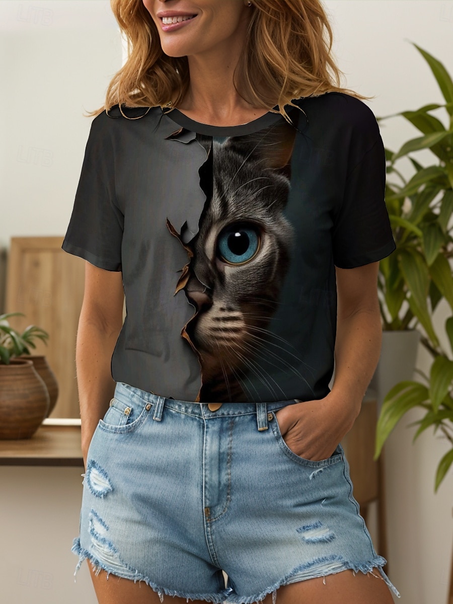 Women's T Shirt Graphic Animal Cat Vintage Stylish Classic Short Sleeve Crew Neck Round Neck Regular Tops Daily Weekend Print Sage Green Brown Summer Spring 2025 - $19.99 –P1