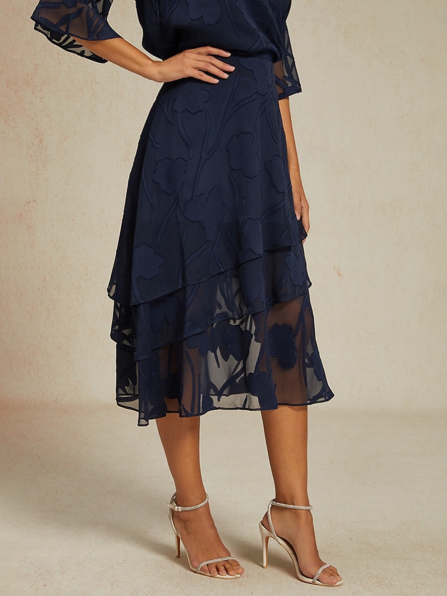 Dame الالتفاف Elegant Midi Medium Midje Skjørt Blomster Multi Layer Uelastisk Fest Avslappet Navyblå Sommer Chiffon 2025 - $56.99 –P6