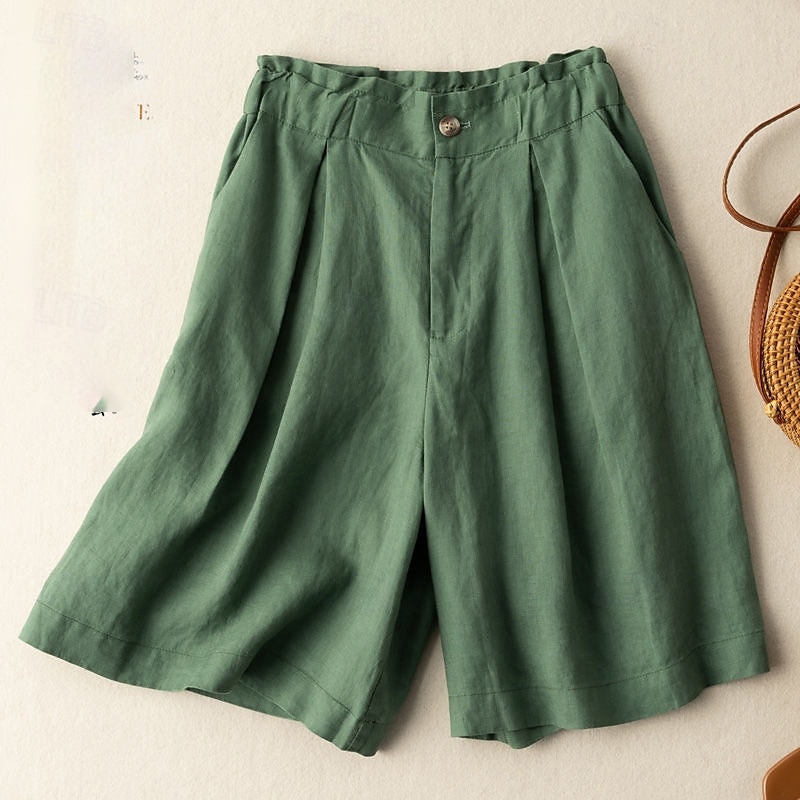 Dame Shorts i bomullslin Shorts Bukser Gatemote Fritid Knelengde Naturlig عادي Lomme Elastisk midje Utendørs Bekvem utendørs Feriereise Aprikos Grønn Kakifarget Sommer Normal 2025 - $26.99 –P9