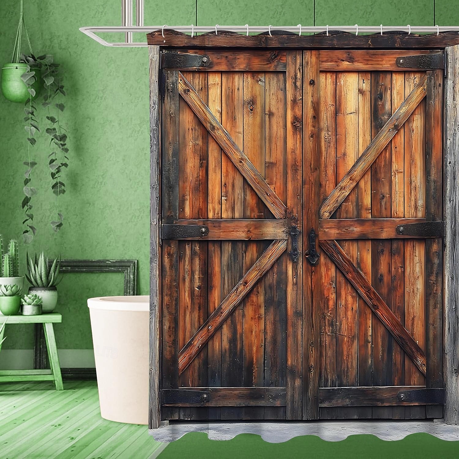 Zuhanyfüggöny 12 kampóval 180cm*180cm (70"*70") poliészter gépben mosható vízálló vintage hamis ajtó pajta minta 2025 - $19.99 –P6