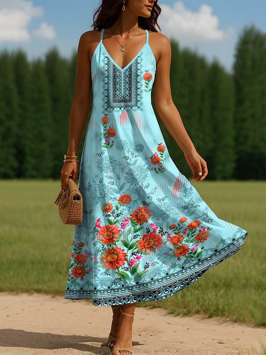 Damen Maxikleid A Linie Kleid Unterkleid Urlaub Lässig Boho Ausgehen Normale Passform Blumen Grafik Ärmellos V Ausschnitt Spaghettiträger Blau Sommer Frühling 2025 - $28.99 –P1