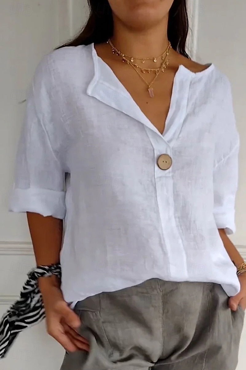 Women's Shirt Cotton Linen Shirt Blouse Plain Modern Casual 3/4 Length Sleeve V Neck Regular Tops Daily Going out Buttons Black White Red Navy Blue Green Summer 2025 - $23.99 –P5