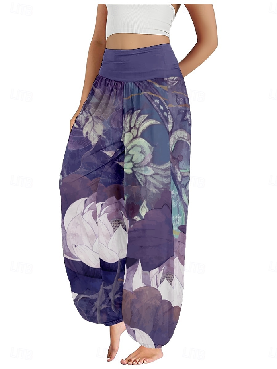 Mulheres Calças inspiradas em linho Perna larga Calças Estilo Étnico Casual Boho Comprimento total Cintura Alta Floral Bolsos Cintura elástica Estampado Respirabilidade Macio Micro-Elástica Ao ar de 2025 por $21.99 –P7