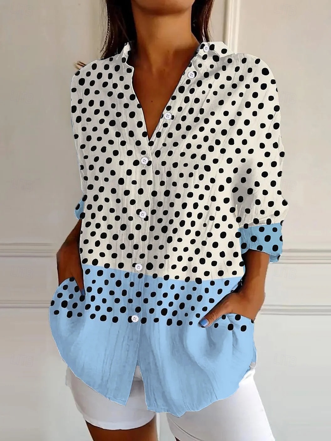 Camicia da donna a maniche lunghe bottone giù blusa grafica geometrica a pois quotidiana elegante a maniche corte colletto regolare top quotidiani verde salvia giallo blu viola estate primavera del 2025 a $32.99 –P5