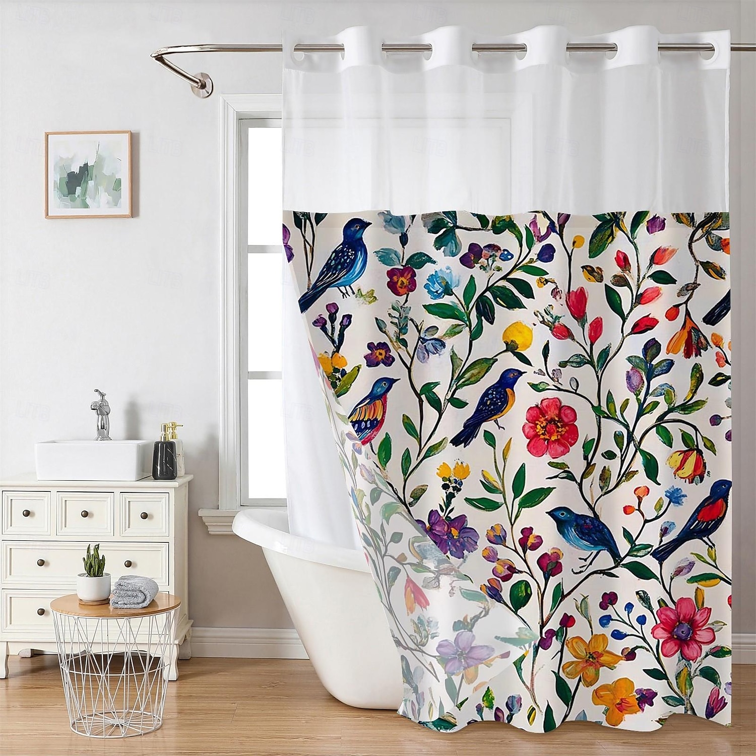 Κουρτίνα Ντους Χωρίς Γάντζους 180cm*180cm(70"*70") με Ενσωματωμένο Κέλυφος Πολυεστέρα Διαφανές Παράθυρο Αδιάβροχη Διπλή Κουρτίνα Μπάνιου με Λουλούδια και Πουλιά 2025 - $41.99 –P3