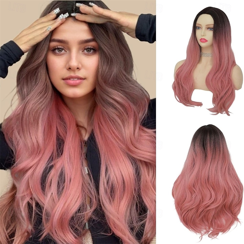 Parrucca riccia rosa per donna, parrucca lunga ondulata con riga centrale, parrucca sintetica resistente al calore in fibra per cosplay di Halloween del 2025 a $28.99 –P1