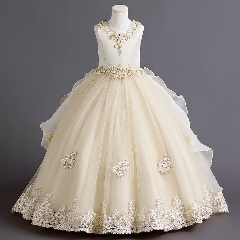 Blomsterpikekjole Barn Jente Prinsesse kjole Ytelse Bryllup Fest Elegant Vakker Netting Helfarge Ermeløs Crew-hals Vinrød Hvit 4 år + 2025 - $58.99 –P3