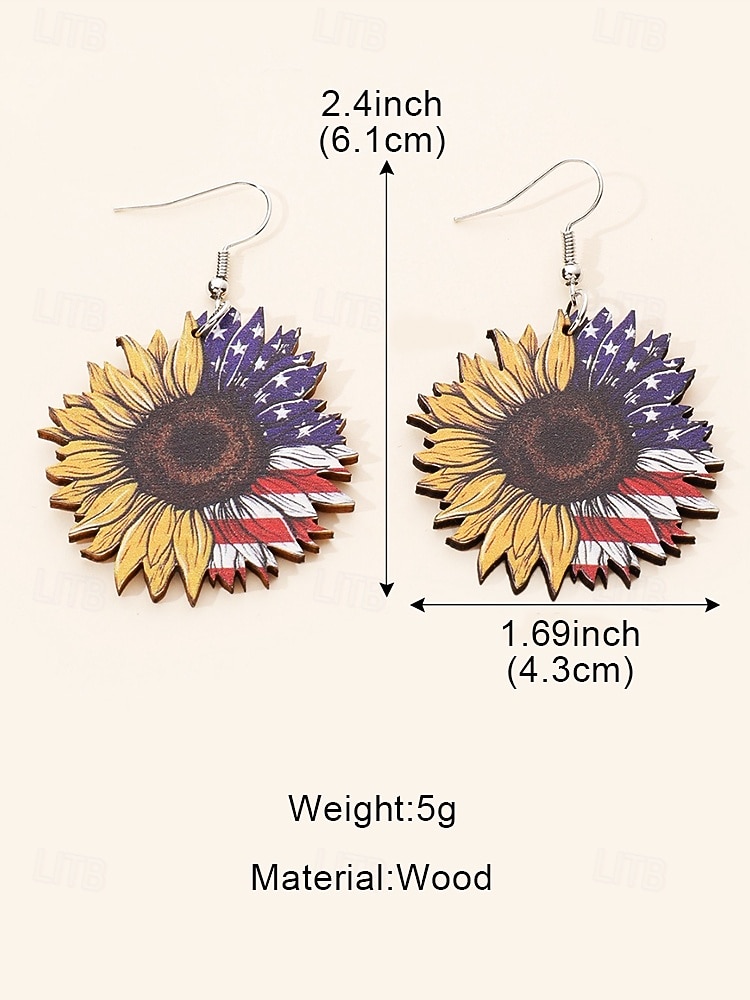 United States 250th Anniversary Women's American Flag Sunflower Wooden Dangle Earrings – Patriotic Boho Style Lightweight Statement Jewelry for 4th of July, Memorial Day and Summer Festivals 2026 - $9.99 –P5