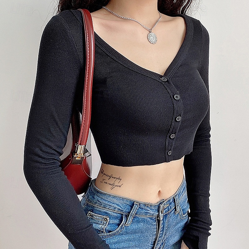 Damen Bluse Einfach Modern Langarm V Ausschnitt Crop Tops Täglich Ferien Ausgehen Knöpfe Schwarz Weiß Grau Sommer 2025 - $15.99 –P9