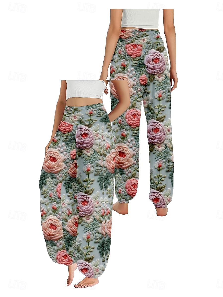 Femmes Pantalon inspiré du lin Jambe large Pantalons Style Ethnique Occasionnel Boho Longueur complète Taille haute Fleuri Avec Poches Taille Élastique Impression Respirabilité Doux Micro-Élastique de 2025 ? zł93.99 –P6