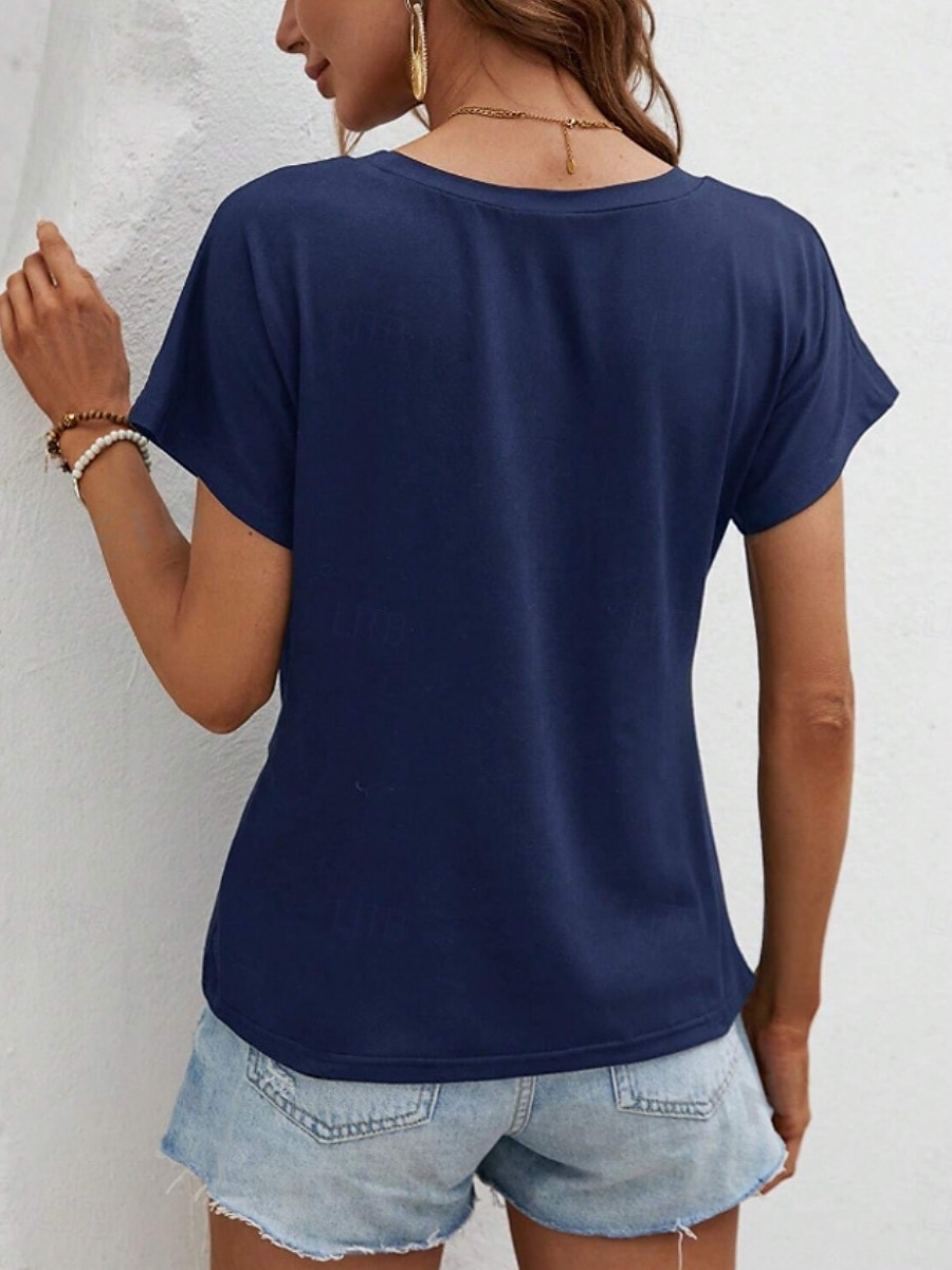 T-shirt femme de couleur unie Uni Mode Classique Décontracté Manches courtes Col rond Hauts réguliers Quotidien Week-end Asymétrique Noir Blanc Vert armée Bleu marine Été de 2025 ? $14.99 –P18