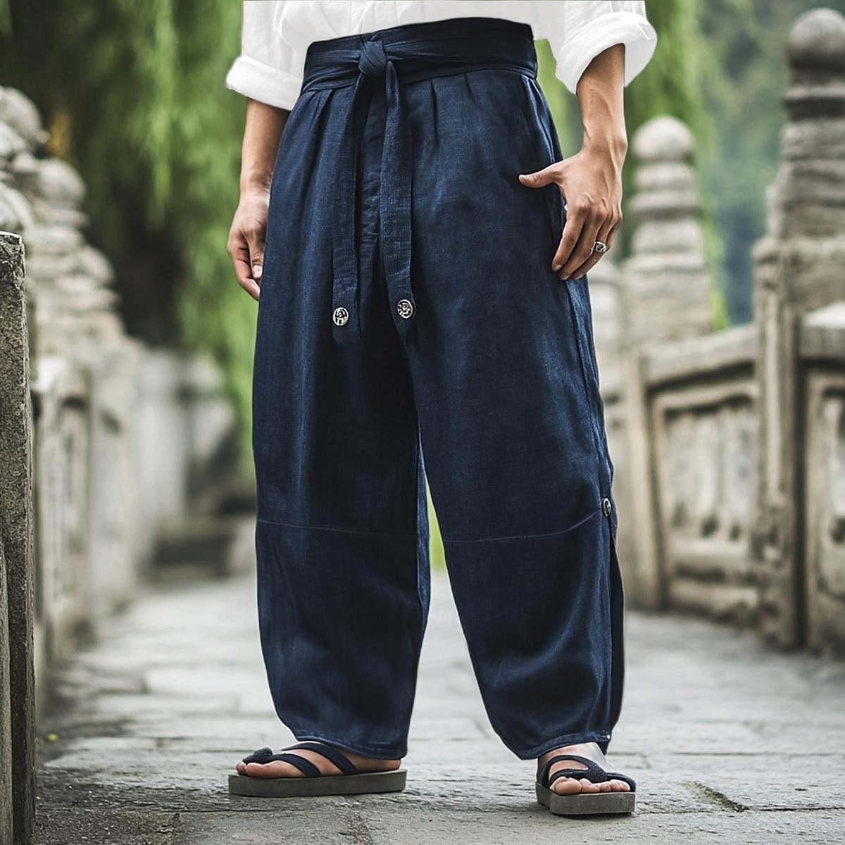 Men's Linen Pants Trousers Summer Pants Baggy Pants Drawstring Elastic Waist Wide Leg Plain Comfort Breathable Full Length Outdoor Yoga Gym Vacation Fashion Navy Blue Micro-elastic 2025 - $28.99 –P2