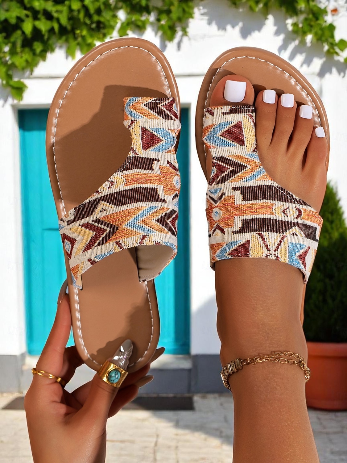 Women's Bohemian Tribal Print Toe Ring Sandals – Lightweight Slip-On Flats for Summer Travel, Beach Holidays, and Casual Outings 2025 - $24.99 –P1