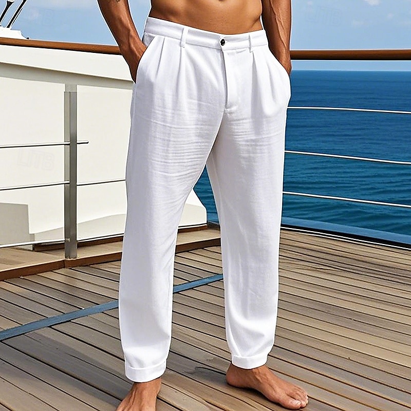 Homme Pantalons en Lin Pantalons Pantalon d'été Pantalons de Plage Avec Poches Plis Uni Confort Respirant Vacances Quotidien Fête Hawaïen Boho Noir Blanche de 2025 ? $21.99 –P1
