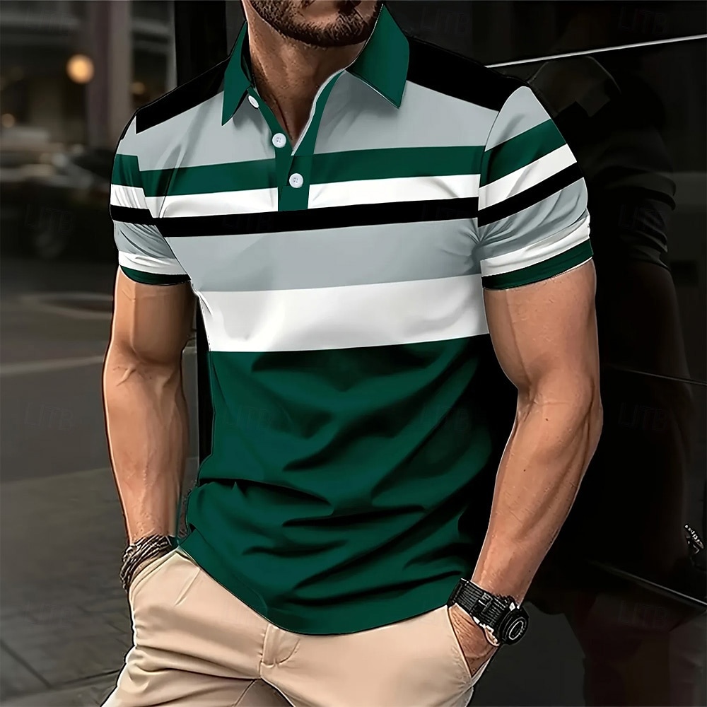 Homens Tiras Horizontais Pólo Manga Curta Camisas polo Camisas de colarinho Business casual Ao ar livre Roupa Esportiva Roupa Diária Impressão 3D Verão Verde de 2025 por $25.99 –P1