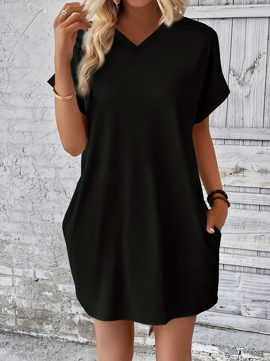 Damen Mini Kleid T-Shirt Kleid Tee Kleid einfarbig Sommer Kleid lässig täglich reguläre Passform Grafik Kurzarm V-Ausschnitt Schwarz Rot Olivgrün Aprikose Sommer 2025 - $19.99 –P10