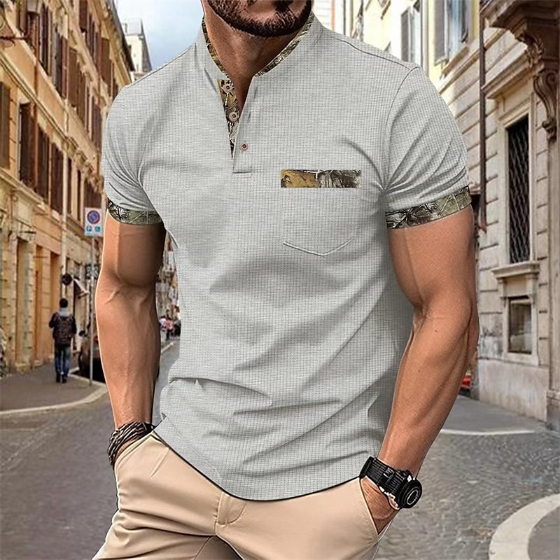 Herren Waffel-Poloshirts Golfshirt Arbeit Lässig Revers Kurzarm Basic Modern Farbblock Patchwork Knöpfe Sommer Frühling Normale Passform Schwarz Weiß Königliches Blau Khaki Grau Waffel-Poloshirts 2025 - $21.99 –P11