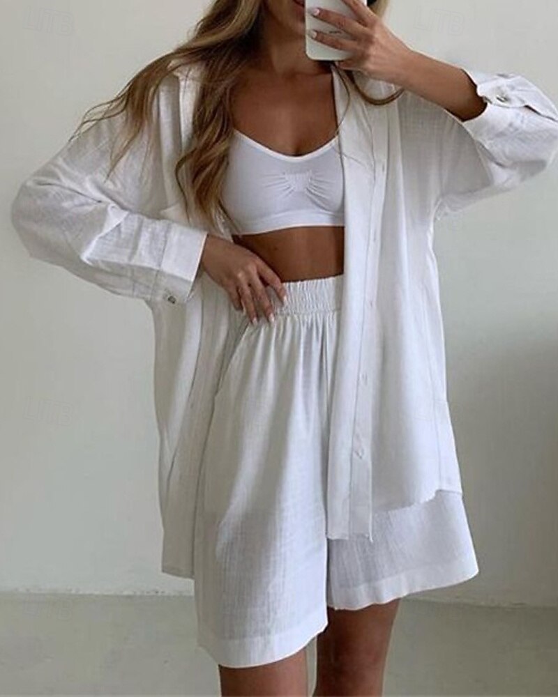 Femmes Mode Streetwear Ensembles en coton et lin Ensembles deux pièces Ensembles de Shorts Manche Courte Col de chemise Uni Tenue quotidienne Date Blanche Bleu Orange Été Coupe régulière de 2025 ? $26.99 –P1
