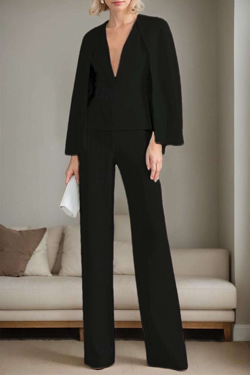 zweiteiliger Overall/Hosenanzug, Kleid für die Brautmutter, elegant, minimalistisch, lässig, tiefer Ausschnitt, bodenlang, Polyester, lange Ärmel, mit Jacke und Schlitz, 2025 2025 - $149.99 –P5