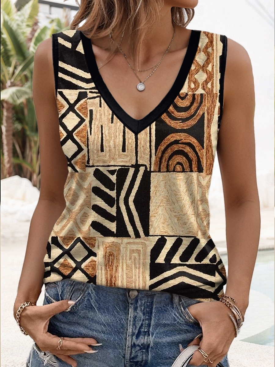 Damen Tanktop mit Spaghetti-Trägern Grafik Geometrisch Lässig Ärmellos V-Ausschnitt Reguläre Tops Print Braun Sommer Frühling 2025 - $17.99 –P1
