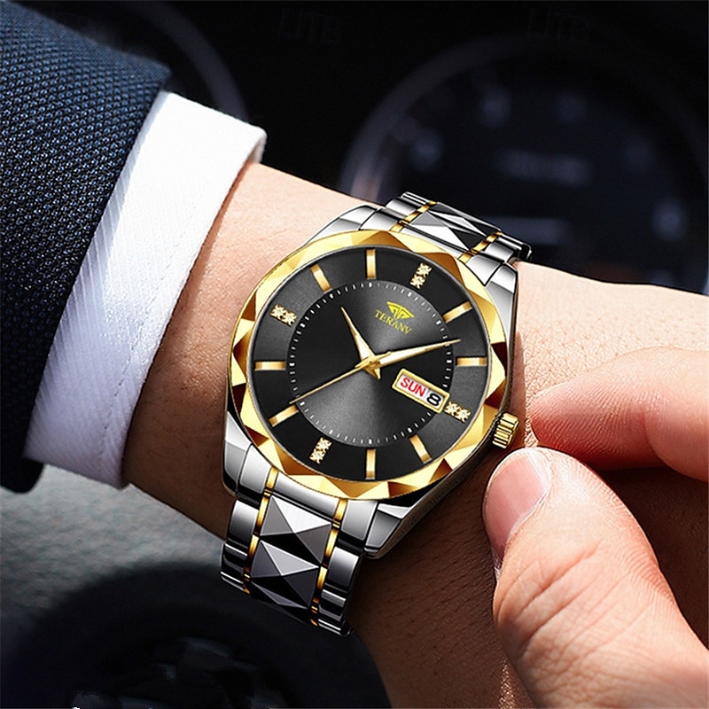 teranv-merkkinen muodikas miesten kvartsikello, jossa rombikuvioinen IPX7-vedenpitävä kaksoiskalenteri, valoisa teräsnauhakello, yrityskäyttöön 2025 - $12.99 –P5