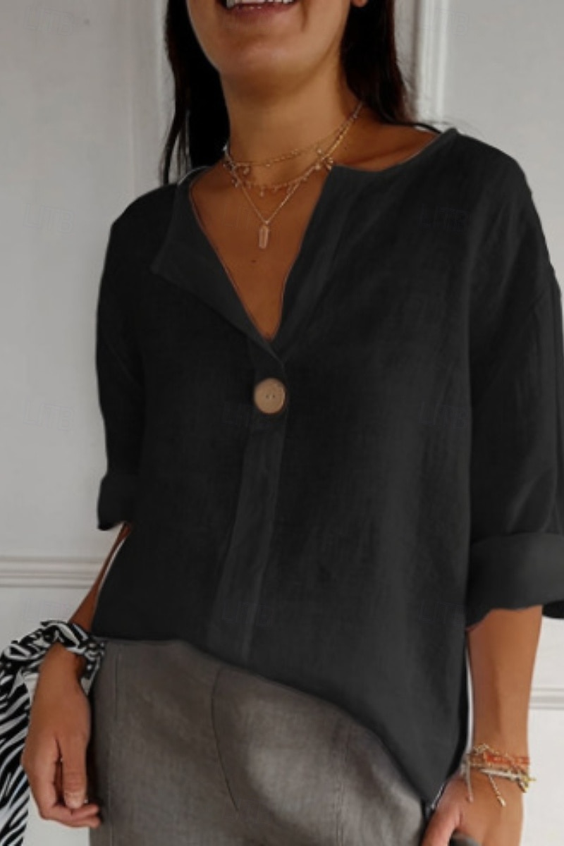 Women's Shirt Cotton Linen Shirt Blouse Plain Modern Casual 3/4 Length Sleeve V Neck Regular Tops Daily Going out Buttons Black White Red Navy Blue Green Summer 2025 - $23.99 –P3