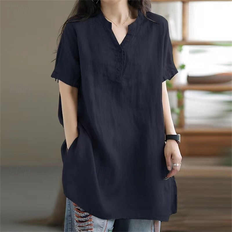 Per donna Camicie di cotone e lino Semplice Quotidiano Elegante Essenziale Manica Corta Scollo a V Top Regolari Lavoro Quotidiano Ferie Tasca Nero Vino Cachi Estate Primavera del 2025 a $24.99 –P4