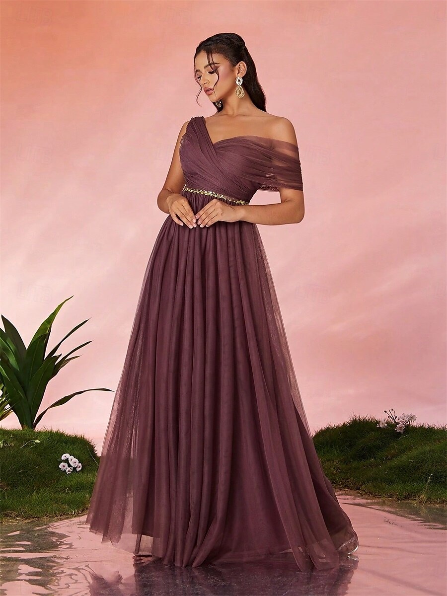 Abiti da festa A-Line Quinceañera Abito da festa Matrimonio Ospite di matrimonio Lunghezza del pavimento Senza maniche Scollo a V Tulle Senza schienale con Faldini del 2025 a $89.99 –P8
