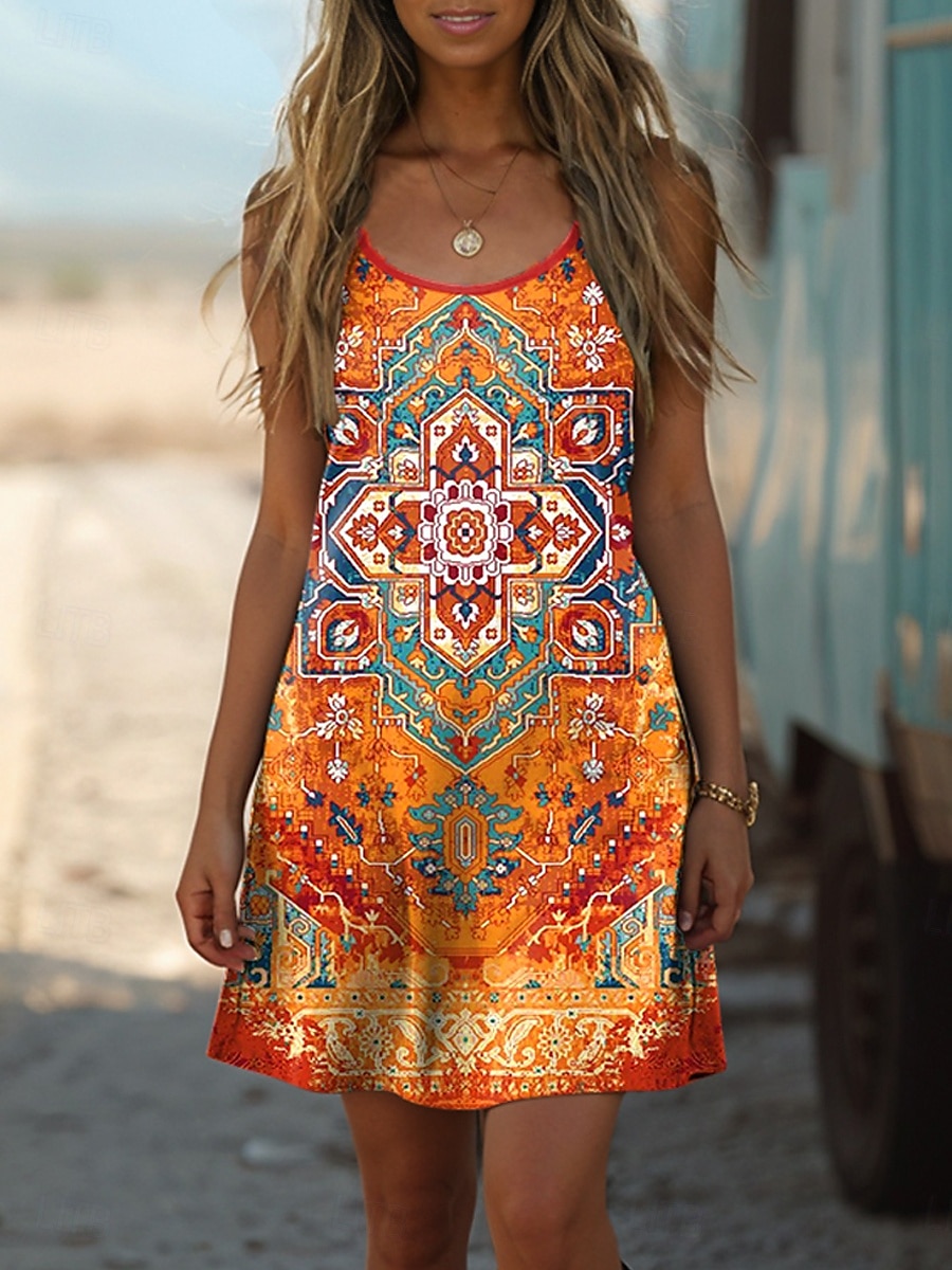 Pentru femei Rochie Mini Rochie A line Rochie de vară Vacanță Casual Boho Zilnic Potrivire Largă Grafic Tribal Fără manșon În U Portocaliu Vară 2025 - $21.99 –P1