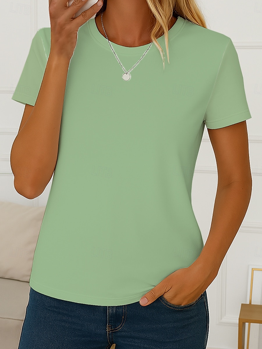 2025年 女性用 Tシャツ 純色 ヴィンテージ スタイリッシュ ベーシック 半袖 クルーネック ラウンドネック レギュラートップス 日常 プリント ホワイト ライトグリーン グレー ライトブルー 夏 春 コレクション – $19.99 –P2