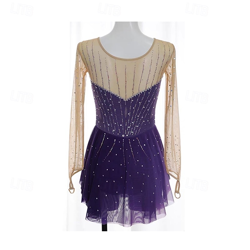 Figure Skating Dress Women's Girls' Ice Skating Dress Violet Patchwork Thumbhole Mesh Spandex Stretchy Training Practice Professional Skating Wear Thermal Warm Crystal / Rhinestone Long Sleeve Ice 2025 - $161.99 –P2