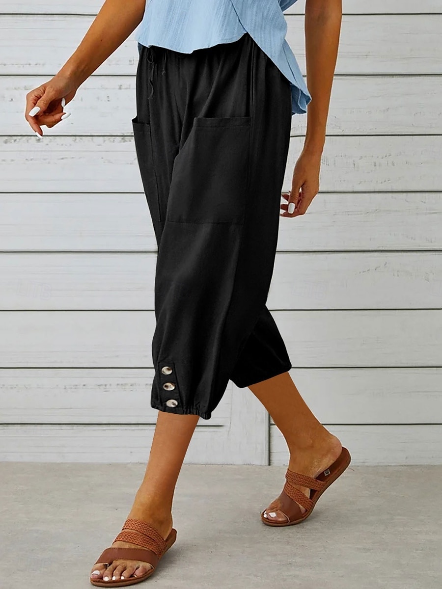 Kvinne Capri Bukser Enfarget Chinos Motetrend Etnisk Stil Basic Knelang Høy Midje Vanlig Lomme Snor Komfort Utendørs Mikro-elastisk Ferie Gate Daglig Svart Hvit Khaki Lyseblå 2025 - $19.99 –P6