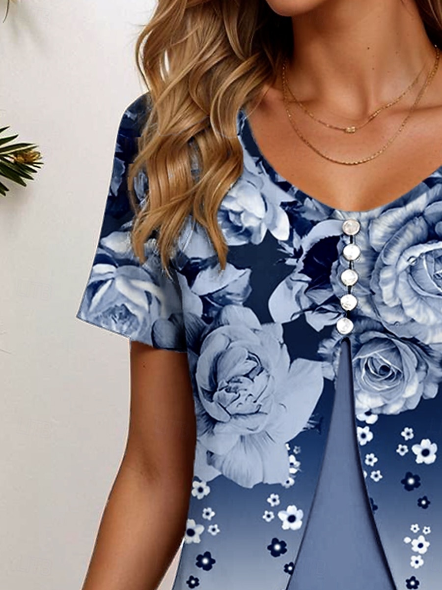 Damen T Shirt Ombre Blumen Grafik Elegant Vintage Stilvoll Kurzarm Rundhalsausschnitt Rundhals Normale Oberteile Täglich Ausgehen Patchwork Knöpfe Gestuft Staubiges Blau Fuchsie Sommer Frühling 2025 - $23.99 –P5