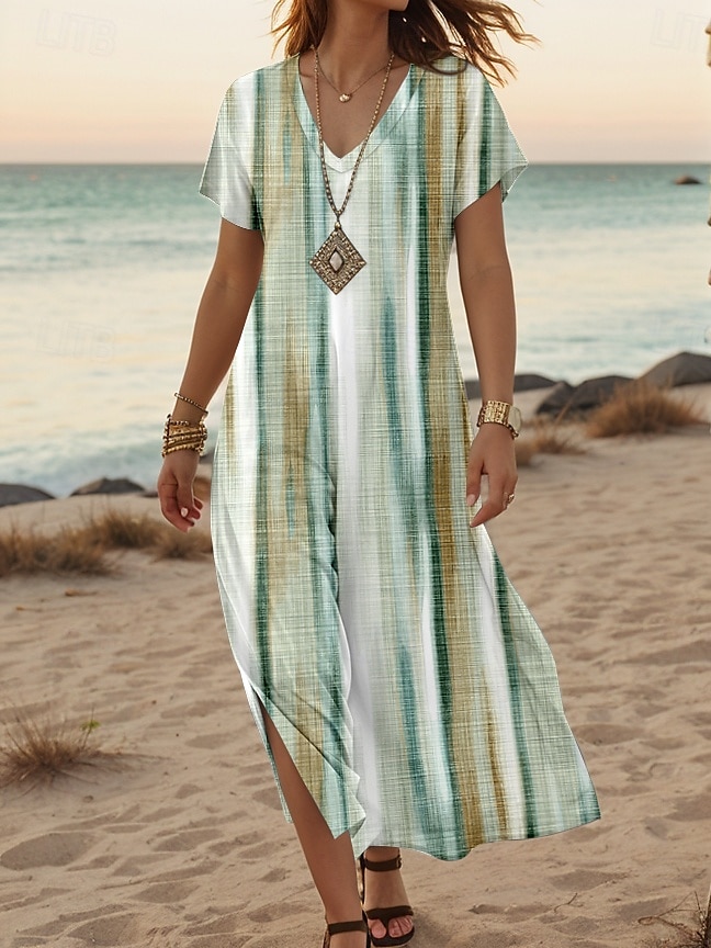 Femmes Robe Midi Robe d'Été Robe trapèze Robe d'été Vacances Occasionnel Quotidien Coupe régulière Graphique Rayé Abstrait Manche Courte Col en V Vert Été Printemps de 2025 ? $28.99 –P1