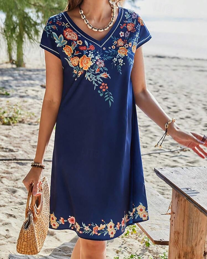 Damen Minikleid Sommerkleid Boho-Kleid Mode Modern Täglich Strand Wochenende Normale Passform Blumen Kurzarm Rundhalsausschnitt Blau Sommer 2025 - $21.99 –P1